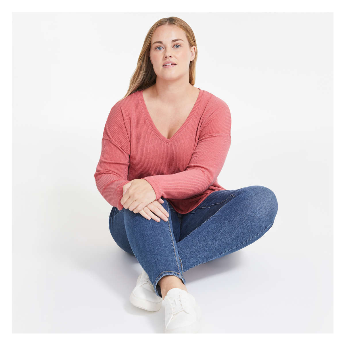 Women+ V-Neck Tunic Sweater in Pink Mix 