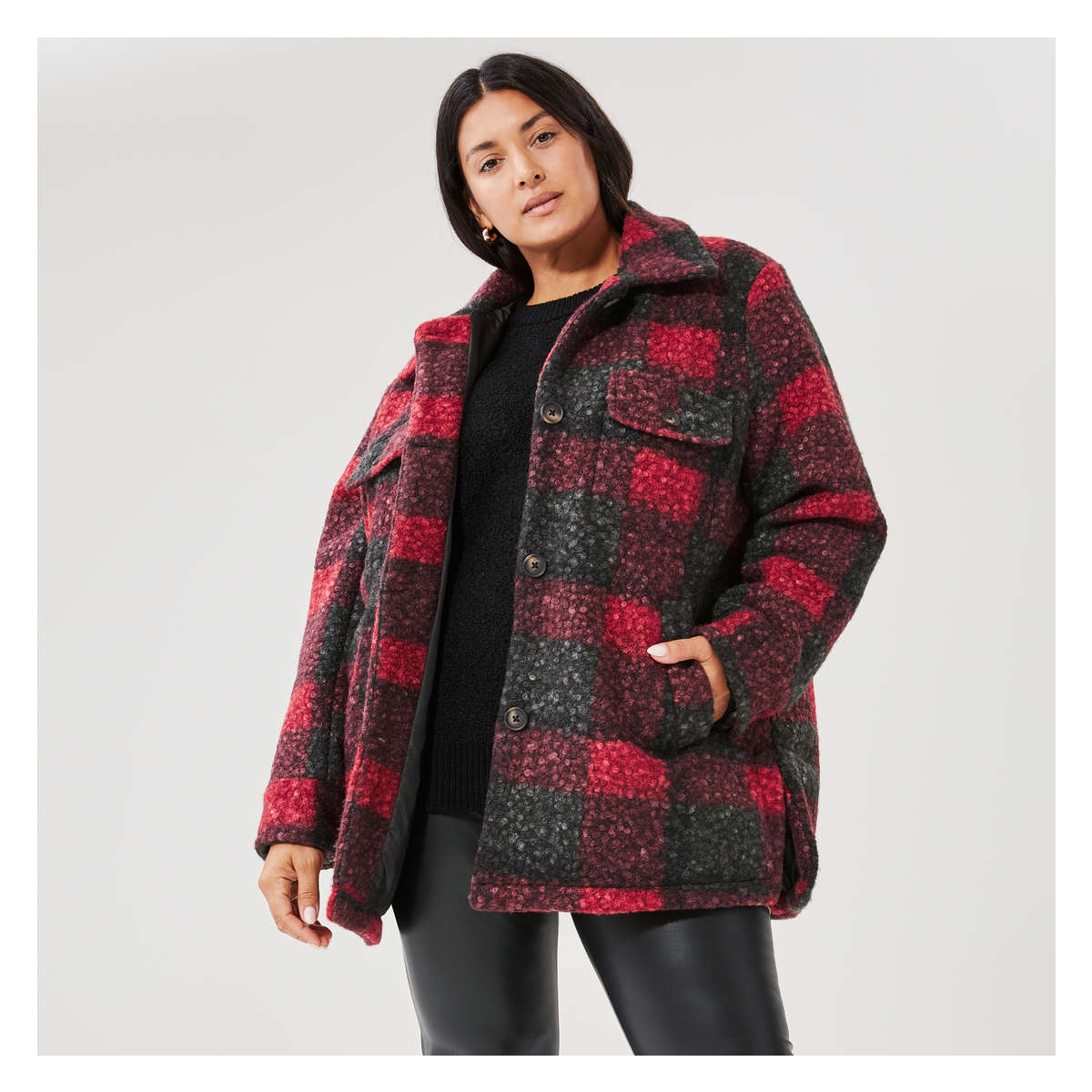 Women Plaid Shirt Jacket in Red from Joe Fresh