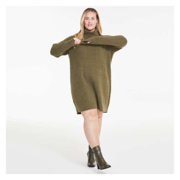 Women+ Cable Knit Turtleneck Dress - Dark Green Mix