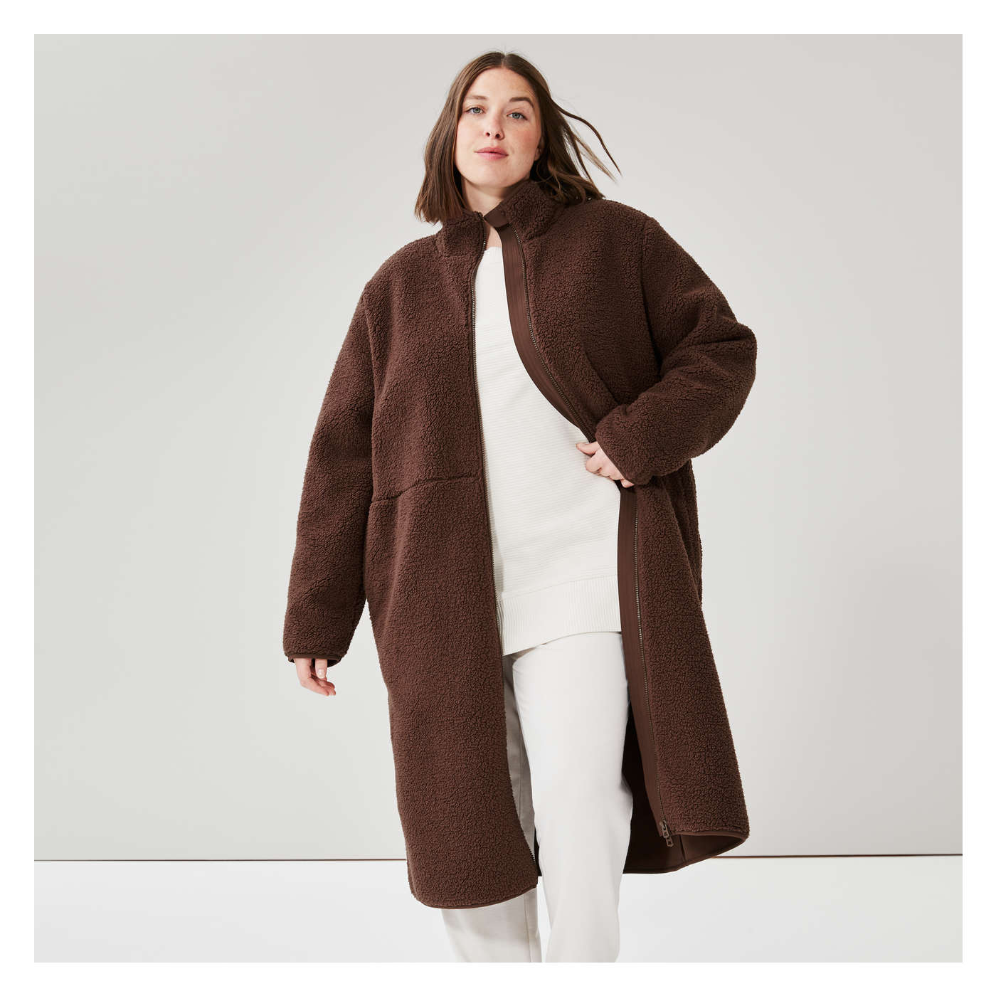 Women Fleece Midi Jacket in Brown from Joe Fresh