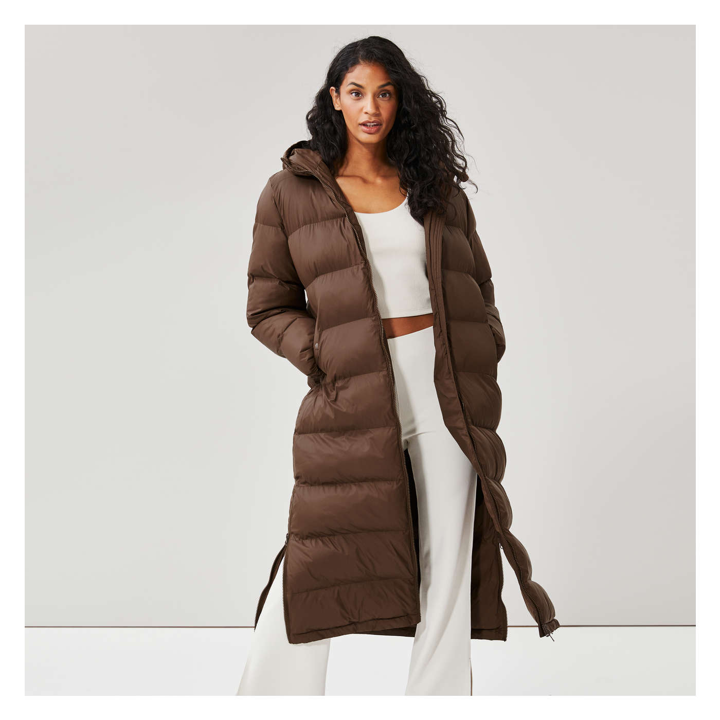 Long Puffer Jacket with PrimaLoft in Brown from Joe Fresh