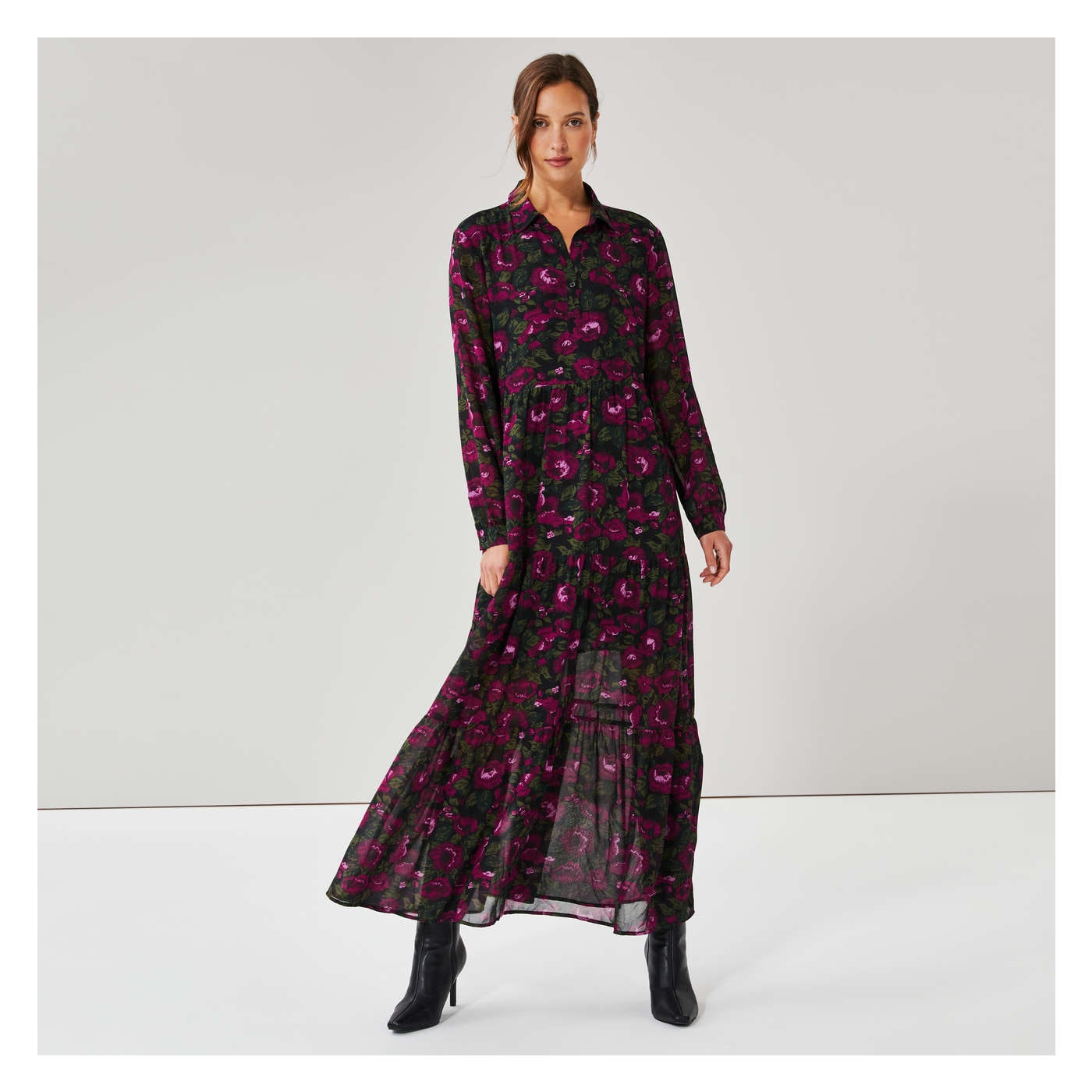 Floral Tiered Maxi Dress in Black from Joe Fresh