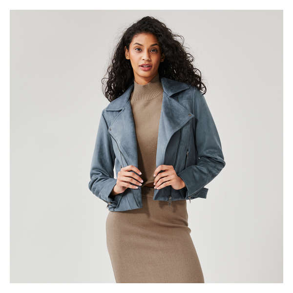 Faux Suede Moto Jacket - Dusty Teal