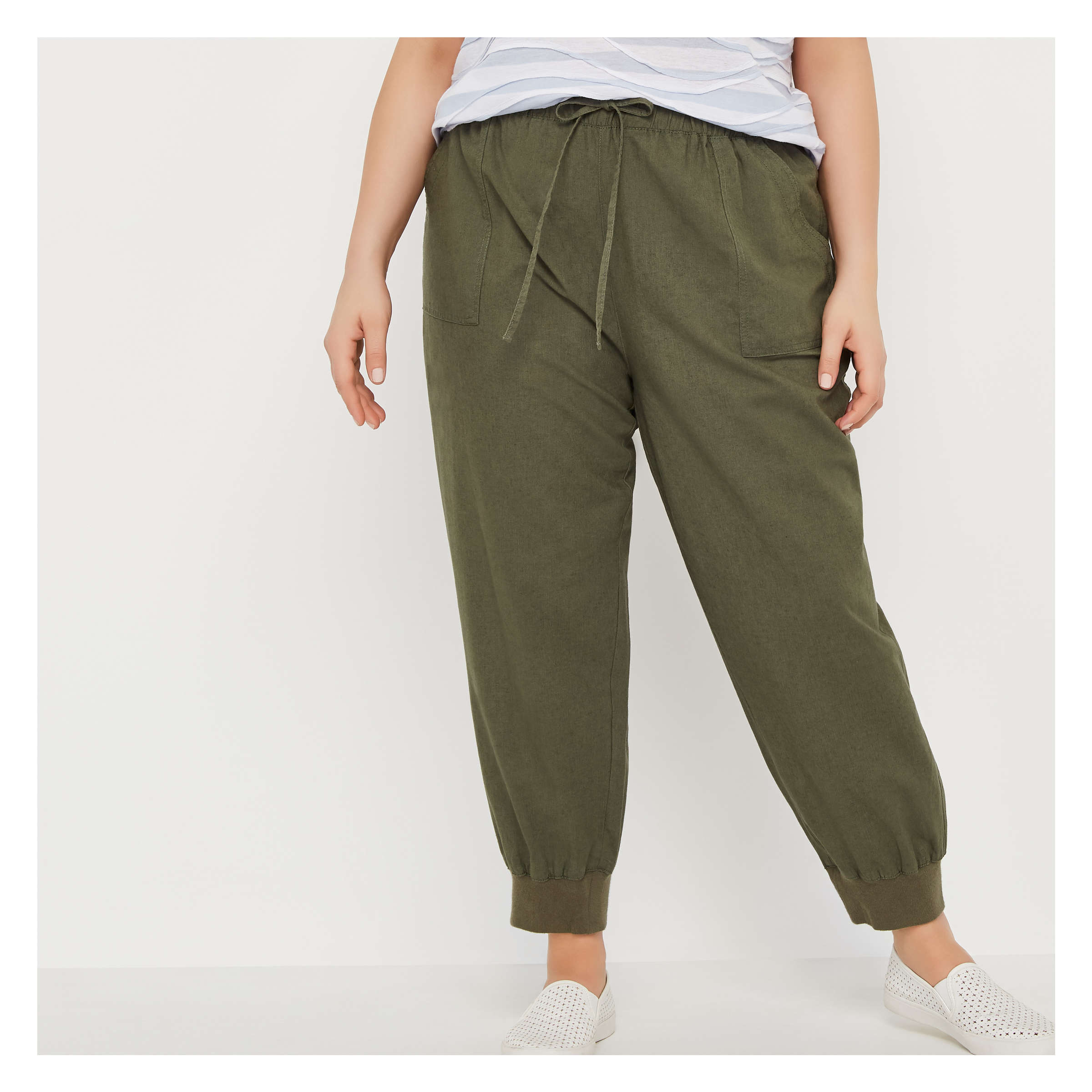 green linen joggers