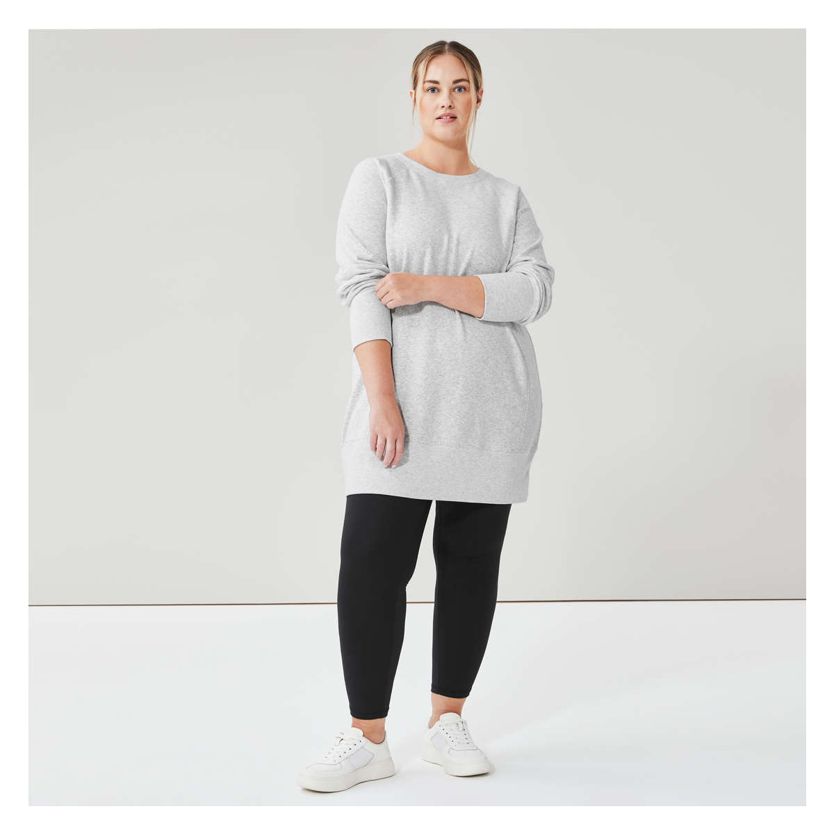 White Sweatshirt Tunic, Leggings, Blush Sneakers and Grey