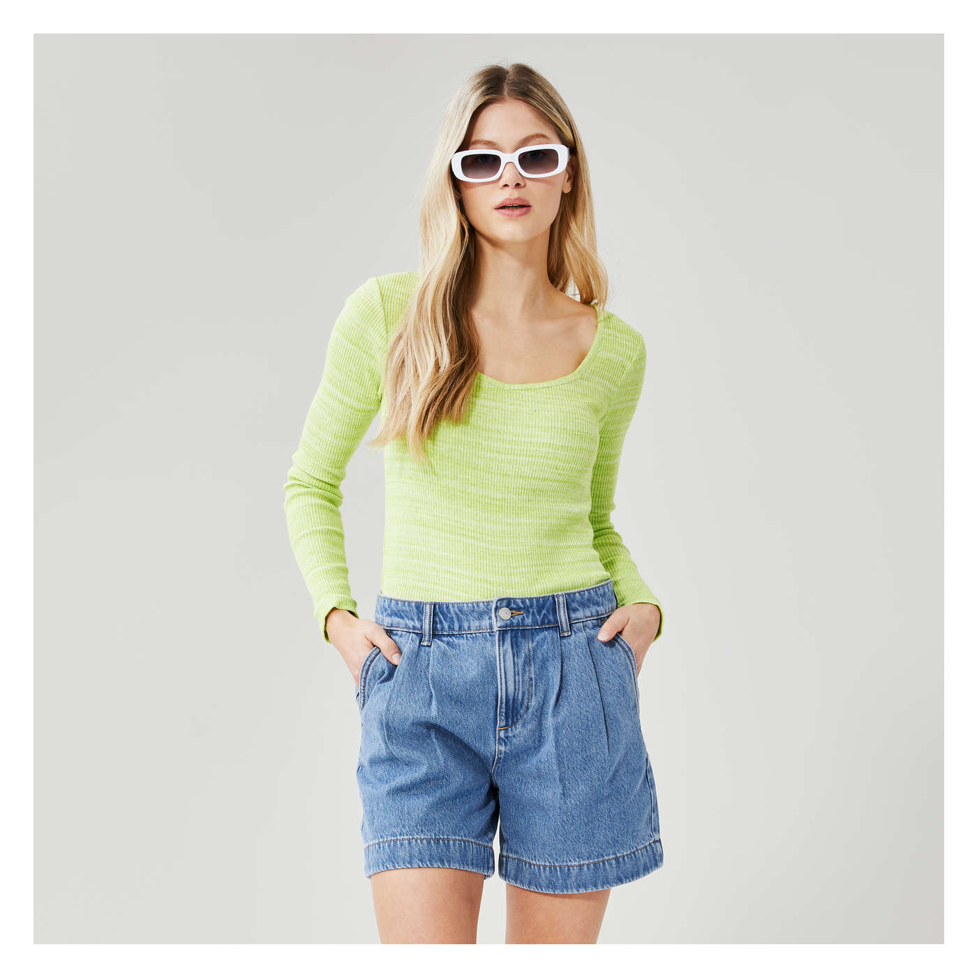 Sweetheart Neck Long Sleeve in Lime Green Mix from Joe Fresh