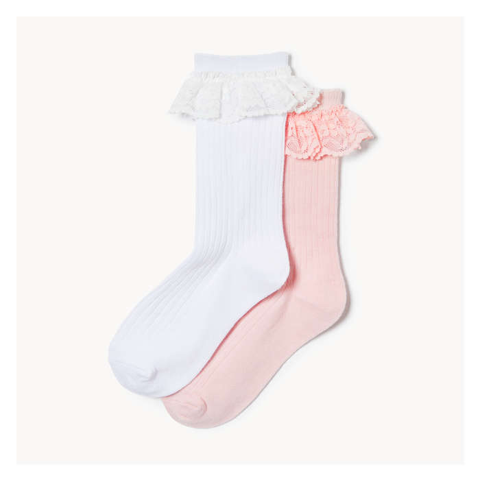 Kid Girls' 2 Pack Lace Edge Crew Socks