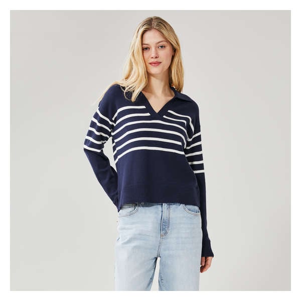 Stripe Collared Pullover - Navy