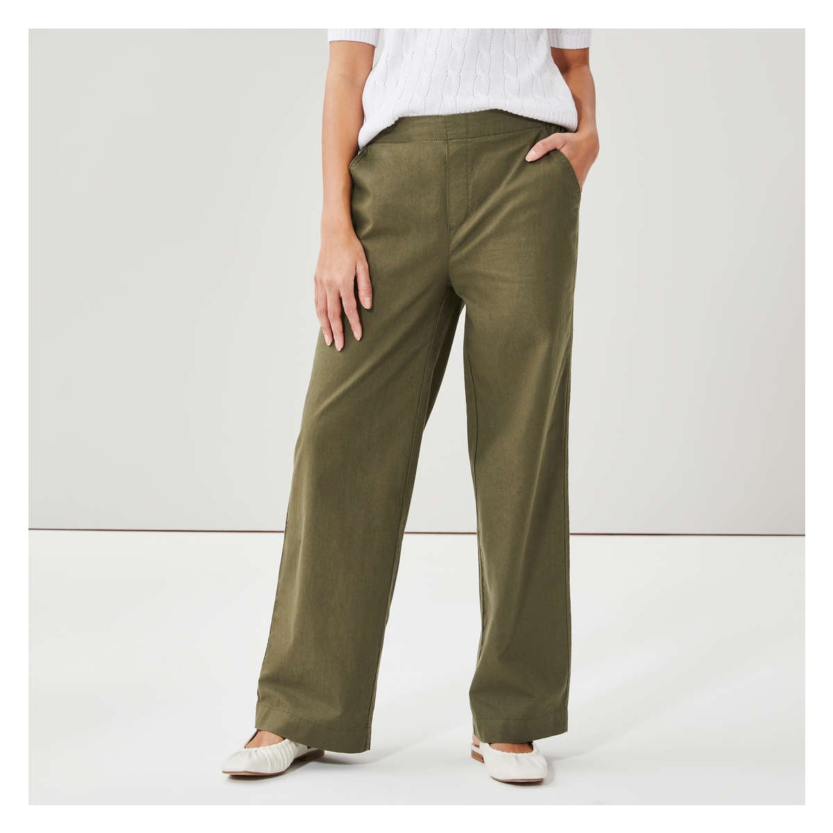 Linen Blend Wide Leg Pant in Dark Olive from Joe Fresh
