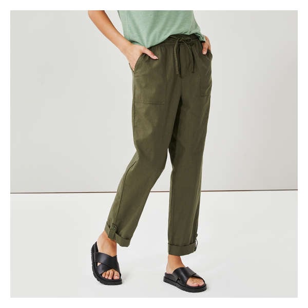 Linen Blend Roll-Tab Pant - Dark Olive