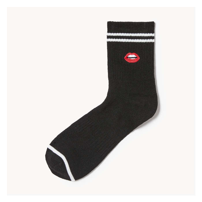Women's Embroidered Mid-Crew Socks - Black