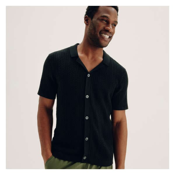 Men's Button-Up Sweater Polo - Black