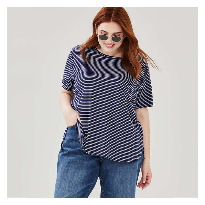 Women+ Stripe Crew Neck Relaxed T-Shirt - Navy