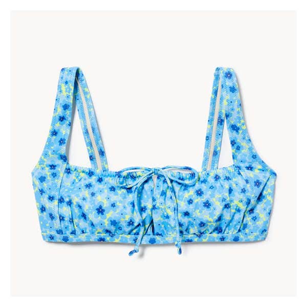 Gathered Tie Front Floral Swim Top - Bright Blue