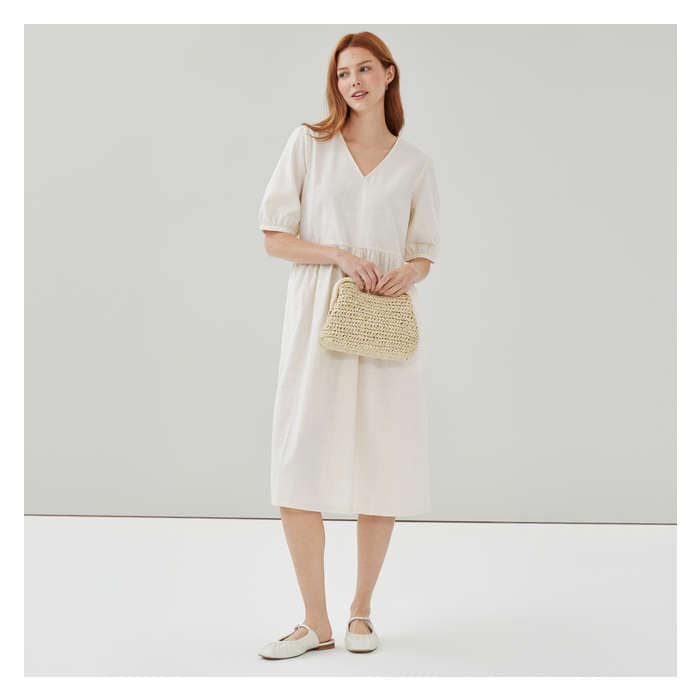Aux Femmes Robe midi en coton à col en V - Crème
