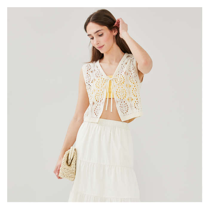 Women's Crochet Tie Front Vest - Cream