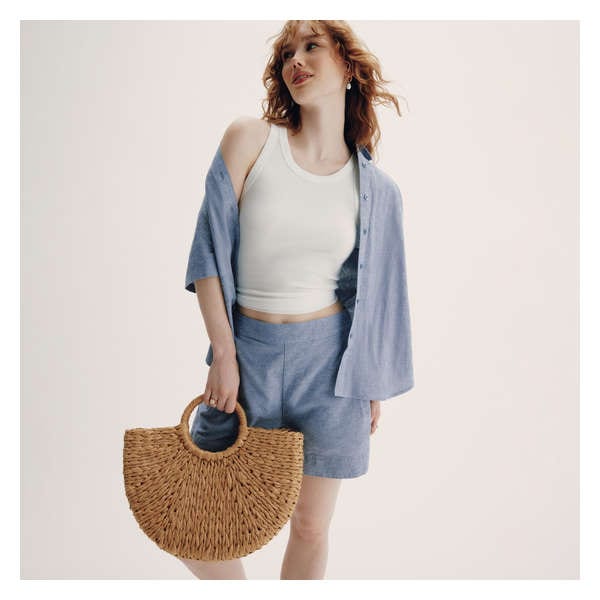 Linen Blend Pull-On Short - Blue Mix