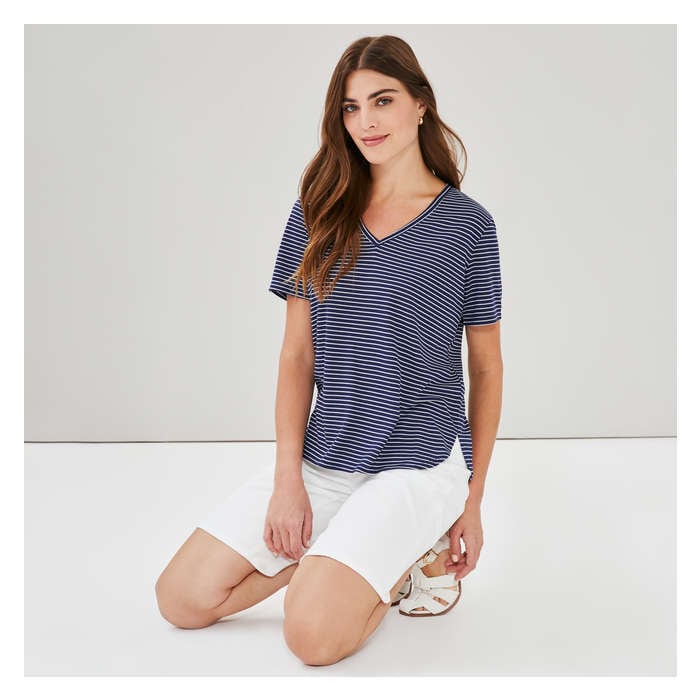 Women's Stripe Relaxed V-Neck T-Shirt - Navy