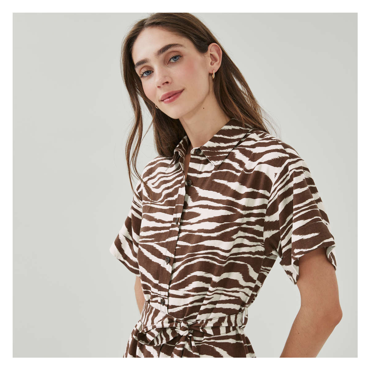 Linen Blend Button-Up Midi Dress