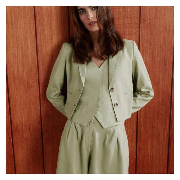 Linen Blend Cropped Blazer - Khaki Green