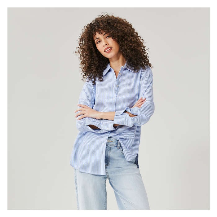 Aux Femmes Chemisier rayé boutonné en lin mélangé Ellen Tracy - Bleu
