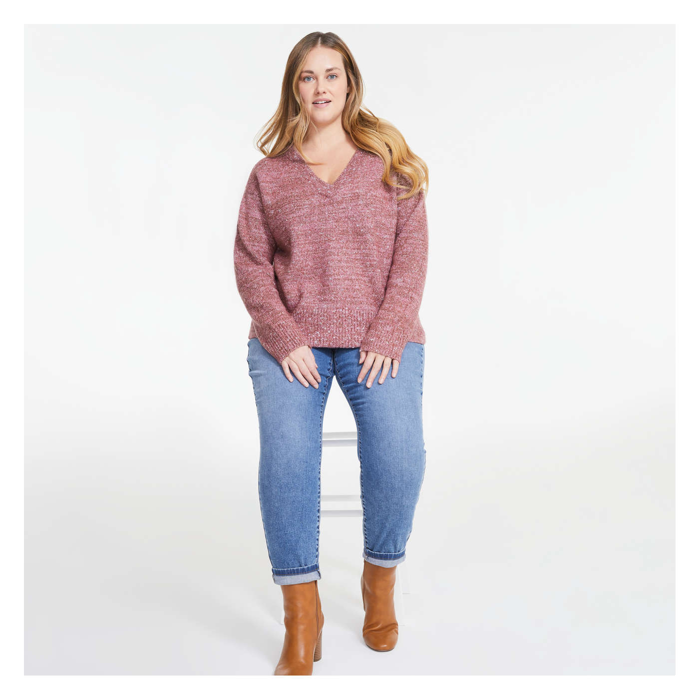 Women V Neck Sweater in Magenta from Joe Fresh