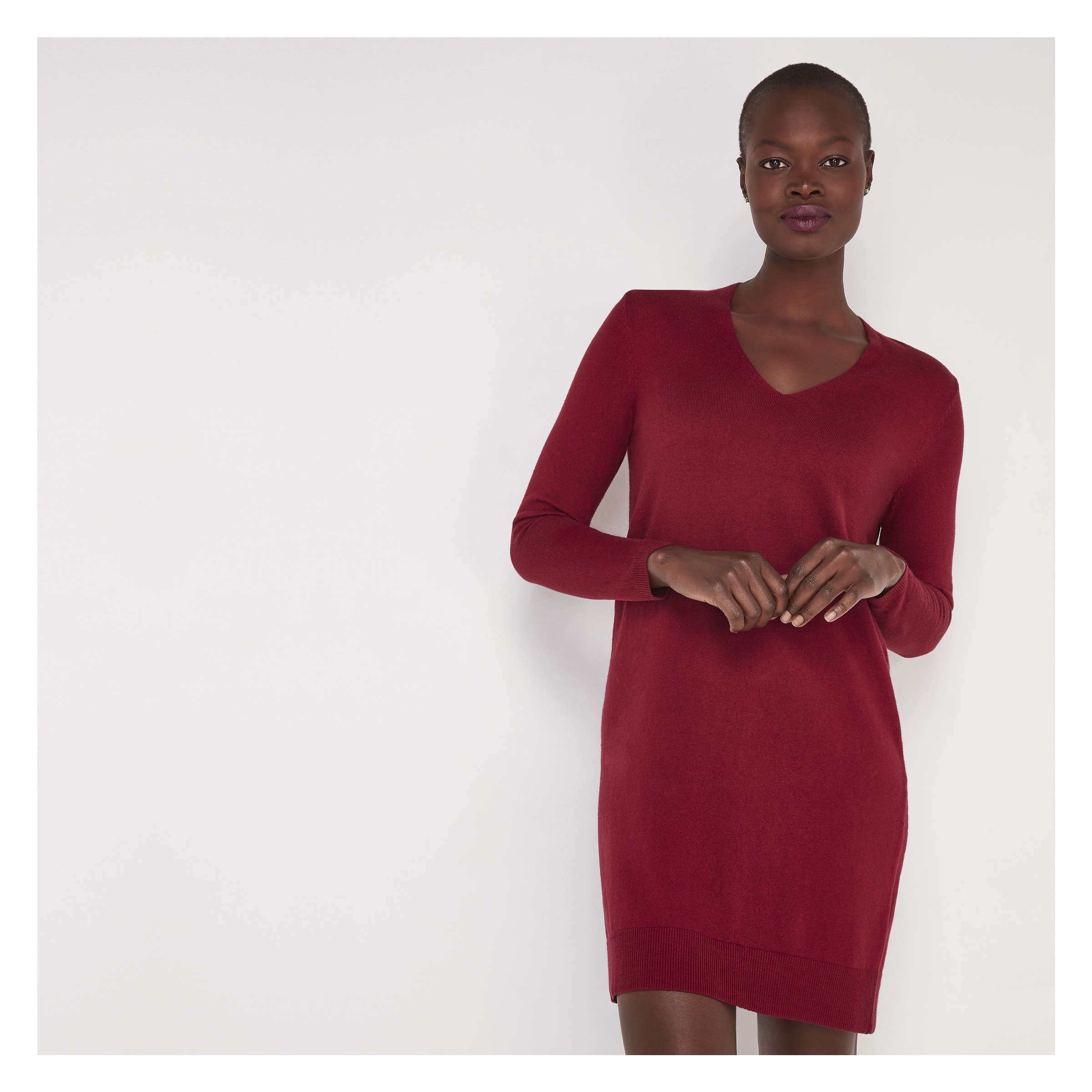 V-Neck Sweater Dress in Burgundy from 