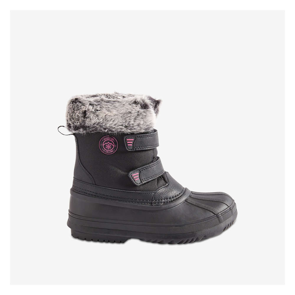 GIRLS BLACK WARM LINED SNOW BOOT WITH SNOW FLAKE PRINT FUR COLLAR SIZES UK 2 X 5 
