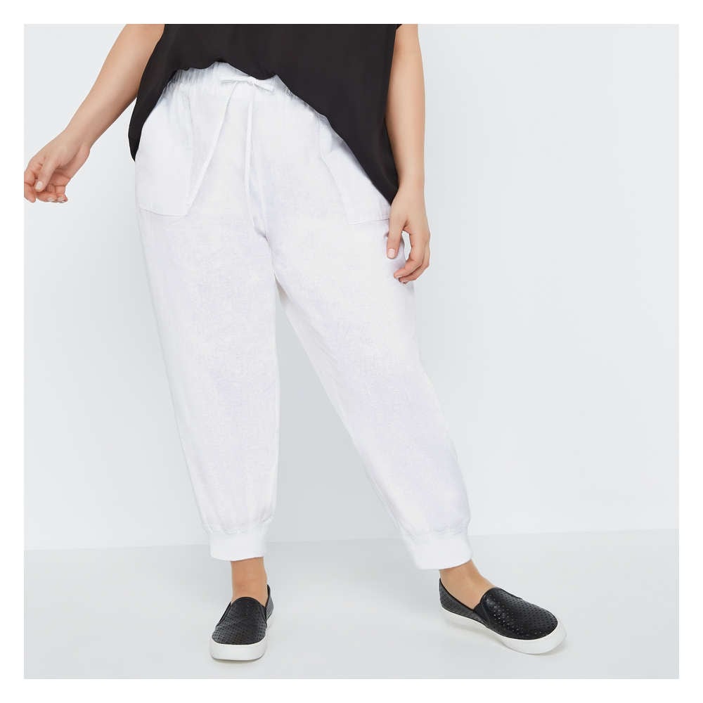 white linen joggers