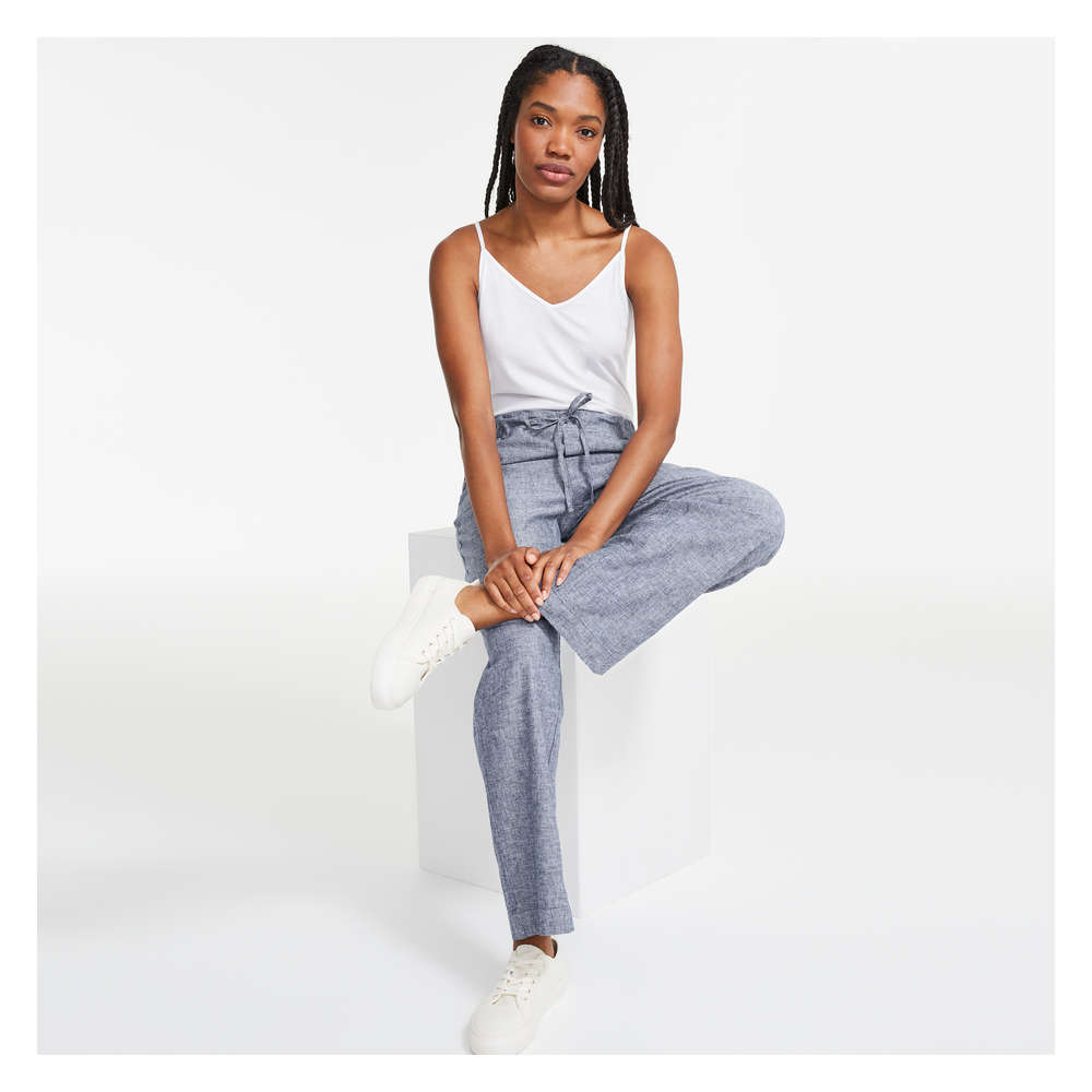 Wide Leg Linen-Blend Pant in Dark Blue 