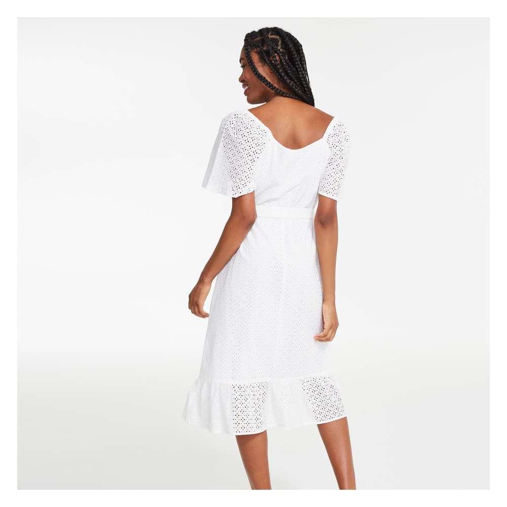 Short Sleeve Eyelet Dress in White from 